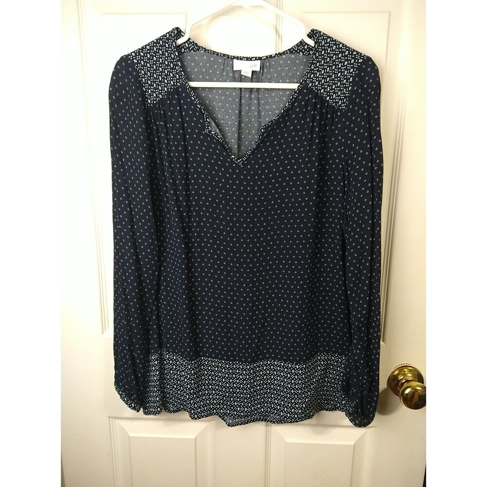 J. Jill Woman S Blue Blouse V Neck Diamond Contrast Fabric Side Slit Office Work